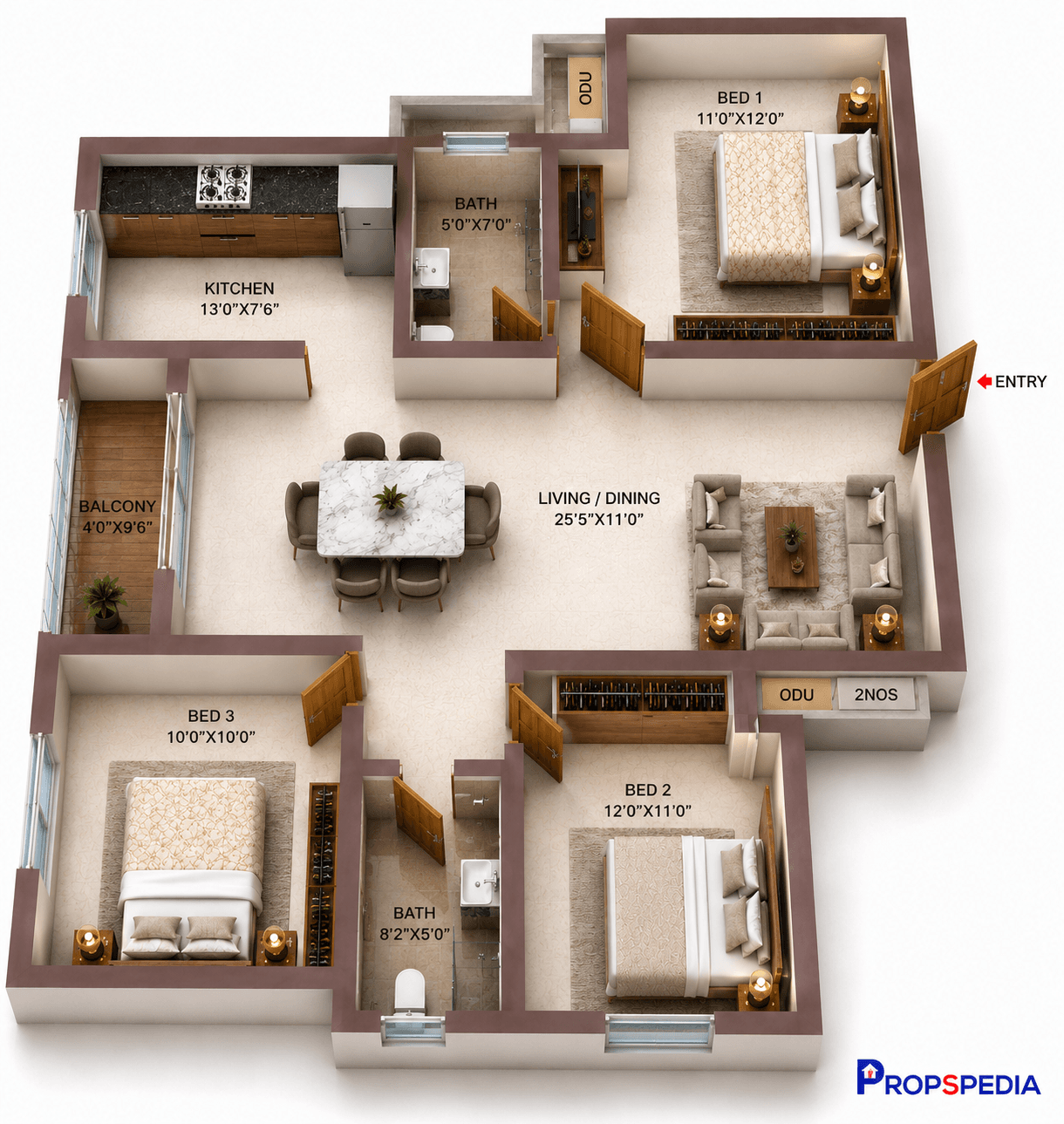 3 BHK Apartment Floor Plan – Casagrand Suncity