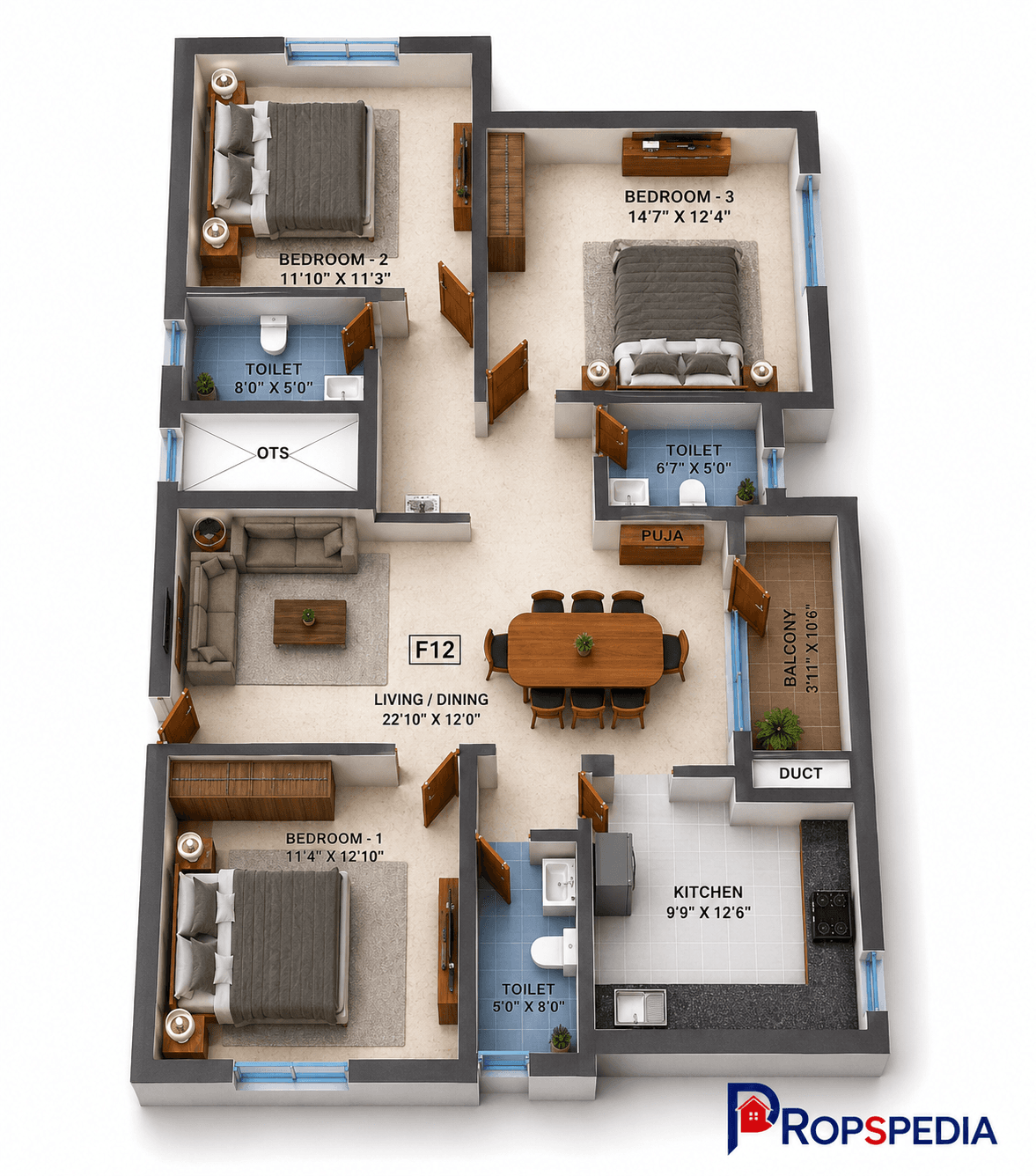 3 BHK Apartment Floor Plan – Navins Mayura Gardens