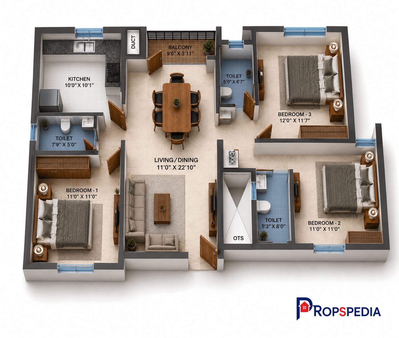 3 BHK Apartment Floor Plan – Navins Mayura Gardens