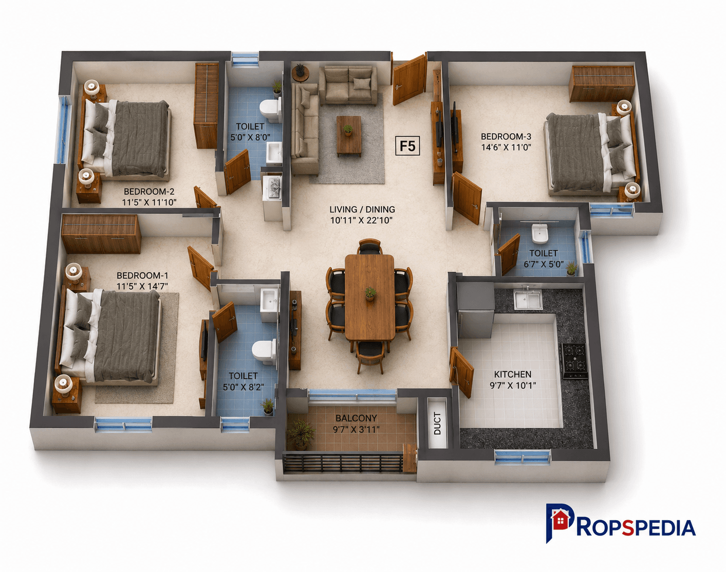 3 BHK Apartment Floor Plan – Navins Mayura Gardens