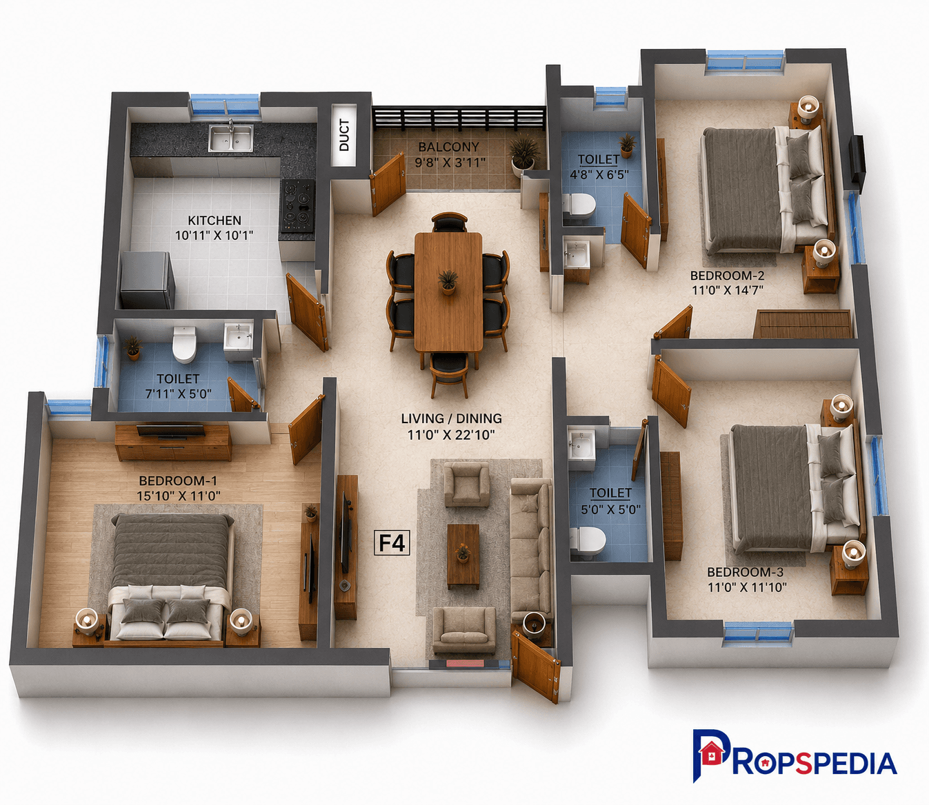 3 BHK Apartment Floor Plan – Navins Mayura Gardens