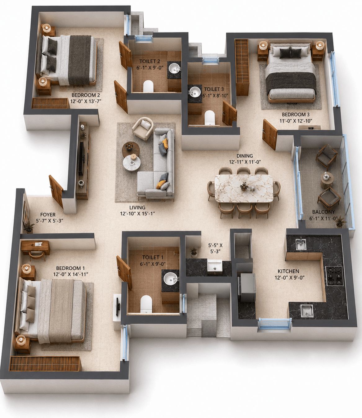 3 BHK Apartment Floor Plan – Rdiance Eternity
