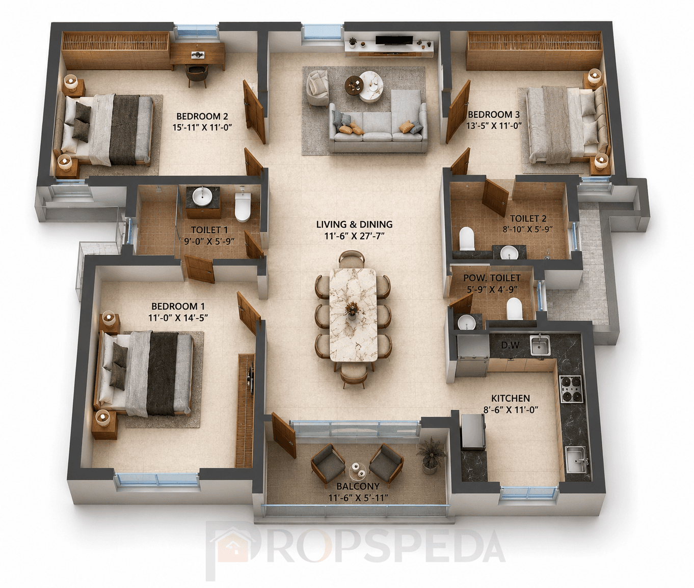 3 BHK Apartment Floor Plan – Rdiance Eternity