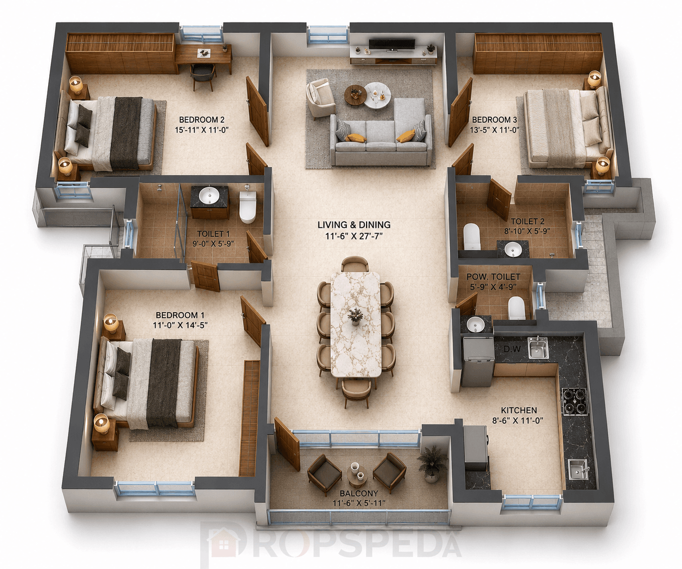 3 BHK Apartment Floor Plan – Rdiance Eternity