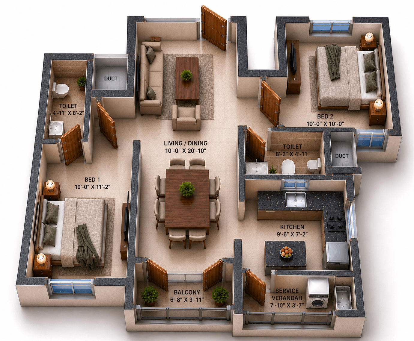2 BHK Apartment Floor Plan – VGN Wincrest Towers