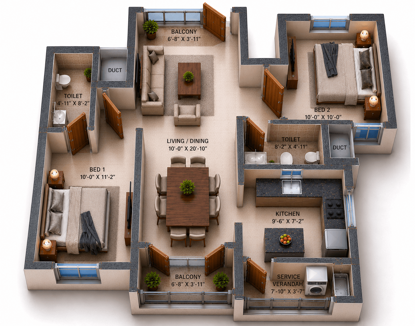 2 BHK Apartment Floor Plan – VGN Wincrest Towers